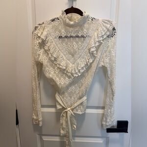 Maje Cream Lace Ruffle High-Neck Blouse